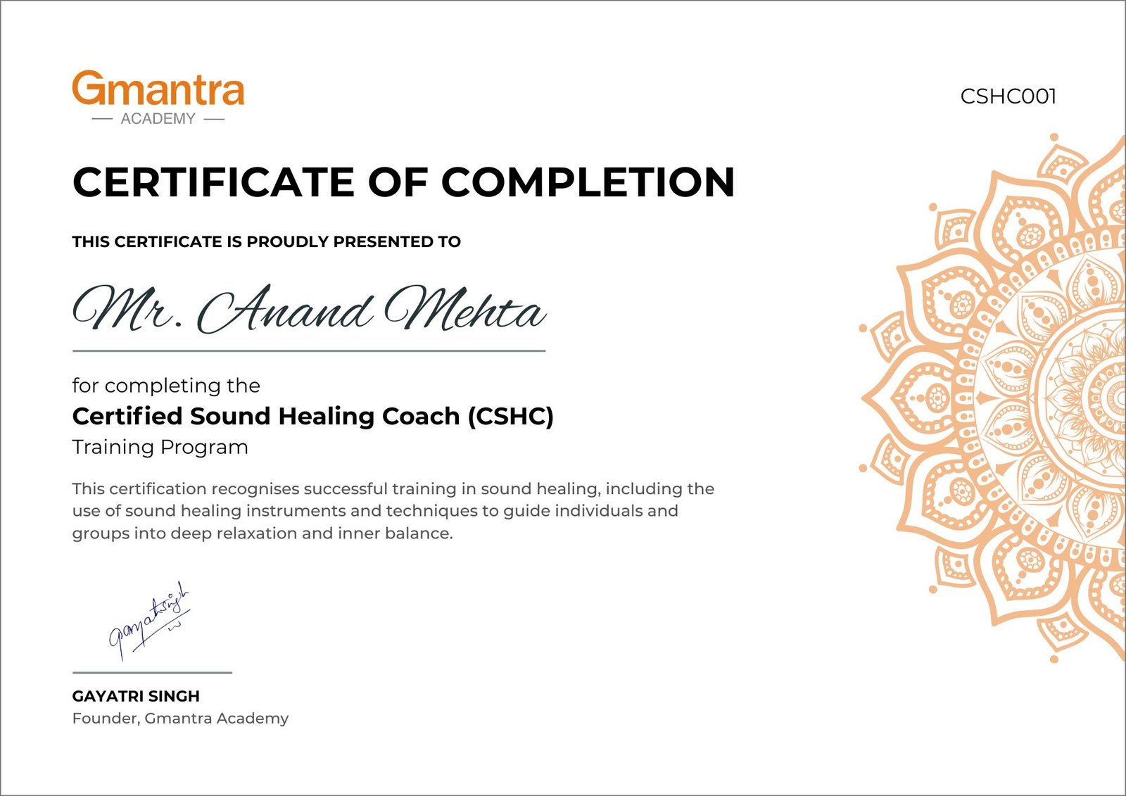 Certified Sound Healing Coach (CSHC) Certificate